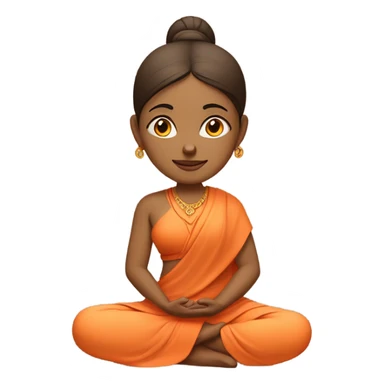 Indian female yogi with meditative expression.  sitting in a lotus position. She wears a sleeveless pastel-colored shirt paired with a flowing orange robe, symbolizing traditional yogic attire. A small red bindi adorns her forehead sticker