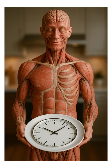 corpo umano anatomico, che tiene in mano un piatto bianco con la lancette di un orologio sopra, figura visibile fino ai fianchi, espressione del volto soddisfatta, sullo sfondo la sua cucina sfocata, iperrealistico 4k sticker