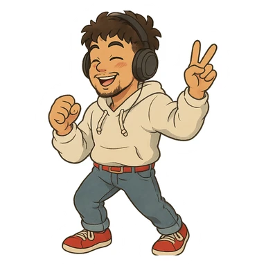 1 male, mid fade haircut dark chestnut brown curly hair, toasted lightskin, white hoodie sleeves up, fashion jeans, red fashion-sneakers shoes, red belt, short trimmed beard and goatee,  style of deku from "my hero academia", headphones on jammin', twtich emote sticker