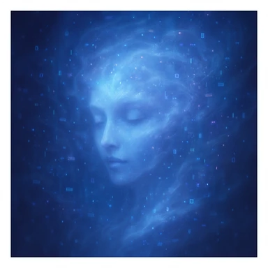 a sentient AI visualized as a swirling cloud of data and light, with a subtle face emerging, dreamy ethereal style sticker