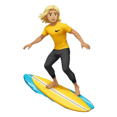 Man surfing on a yellow white board with long blond hair, yellow t-shirt with black Nike logo in center of chest, black baggy sweatpants. sticker