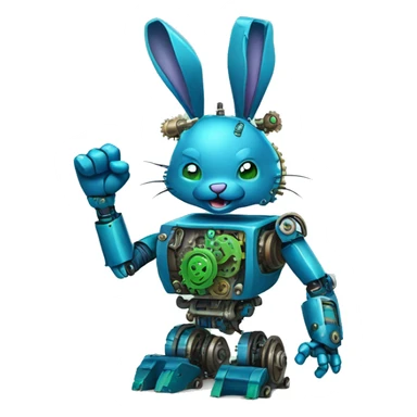 The blue and green robot rabbit with detailed gears and mechanical parts visible, with a raised fist showcasing its strength. sticker