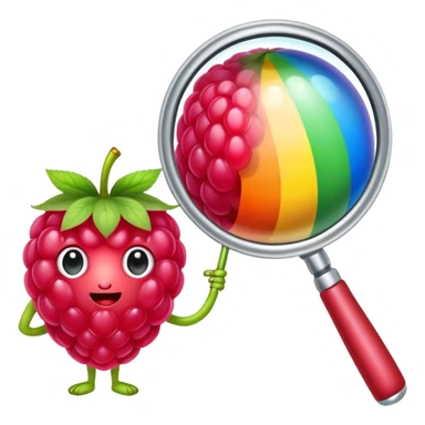 a raspberry holds a rainbow colored magnifier with its budding from handle of magnifier sticker