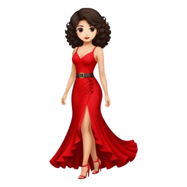 Una chica cuerpo completo con cintura pelo rizado perfecto largo morena con vestido rojo largo sticker