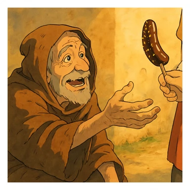 ghibli style illustration of a beggar reaching for a chocobanana, warm and expressive sticker