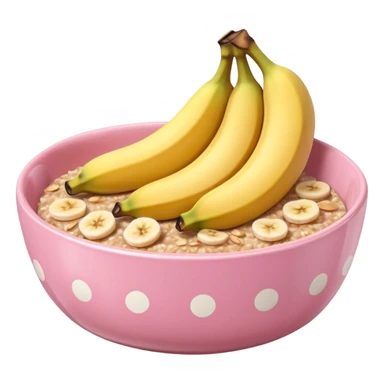 banana baked oats in a bowl like oat meal with a couple banana slices on top that look a little bit caramelised and a light pink bowl with white polka dots please with NO whole banana on top just slices  sticker