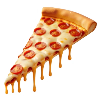 Cinematic cheesy pizza slice, gooey melted cheese stretching as a bite is taken, crispy golden crust, rich tomato sauce, vibrant toppings, warm glowing background, inviting and delicious. sticker