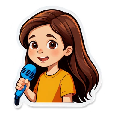Boy with long brown hair, down Syndrom and microphone sticker