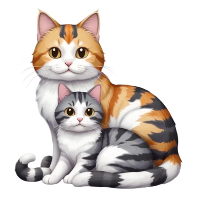 full body colourful light patched calico + white tabby cat cuddling a bigger cat that is dark grey and white tabby cat  sticker
