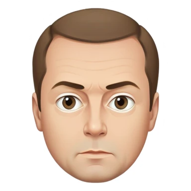 Dmitry Medvedev, round face, smooth finish, simplified but iconic facial traits including distinctive hair, eyebrows, eyes, mouth, serious expression, clean background sticker
