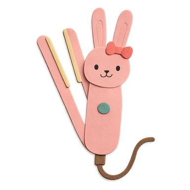 cute bunny-shaped hair straightener, tiny bow, gentle happy face, soft pink, full-body sticker