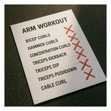 Top view of an arm workout exercise list with red X marks on incorrect exercises, hyperrealistic style, 4K quality, realistic gym atmosphere with natural lighting. sticker