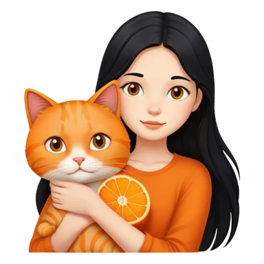 girl with long black hair holding an orange cat sticker