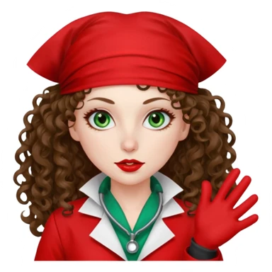 Spanish sexy evil woman. She has green eyes.  had brown long curly hair.  evil surgeon kills with needle wears red sexy doctor coat with red bandana on her mouth and nose to hide and wearing red gloves.  sticker