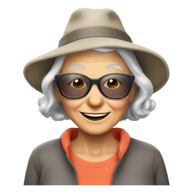 smiling younger grandma with hat and sunglasses , longer grey hair outdoors with a donkey sticker