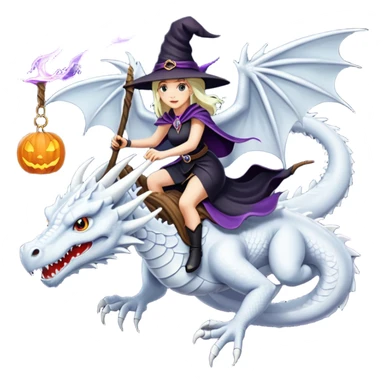 Big white dragon flying with a witchy female rider on top of it sticker