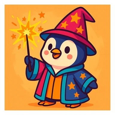 a cute penguin wizard casting a spell, wearing a robe and holding a wand, colorful cartoon style, vibrant toon style, bright and cheerful sticker