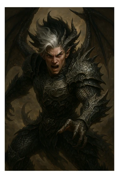 hybrid human-dragon with silver hair fading to black at the top, dynamic pose, fantasy style, detailed sticker