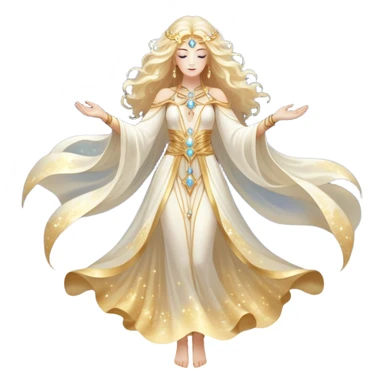fullbody universe goddess Sophia, Ethereal Light Being, Made of starlight and fractals, Glowing white/gold skin with flowing translucent robes, Hair like galaxy mist, Jewelry made of stars and crystals sticker