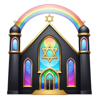 jewish synagogue temple in dark goth aesthetic style with black building and very light tint glass windows that are rainbow if looked at together. and star of david and celestial symbolism sticker