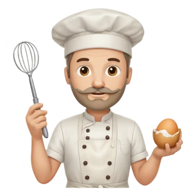 Middle aged male pastry chef - with a small beard, apron, white hat, holding an egg beater in one hand and naturally drooping in the other hand sticker