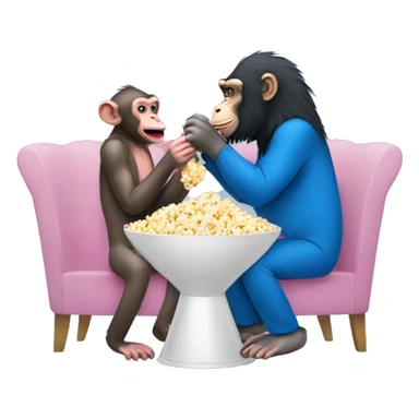 Pink baboon eating popcorn with a blue chimpanzee sticker