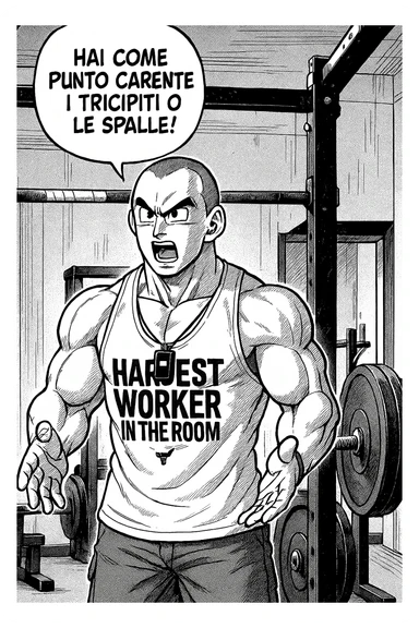 Personal trainer che dice al suo allievo, "hai come punto carente i tricipiti o le spalle!" Stile manga di Dragon Ball sticker