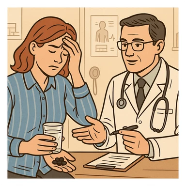 A realistic or illustrative style image of a doctor in a white coat prescribing medicine to a woman holding her stomach or head in pain. The woman holds pills and a glass of water. The background is a clinic room, inspired by the reference image. sticker