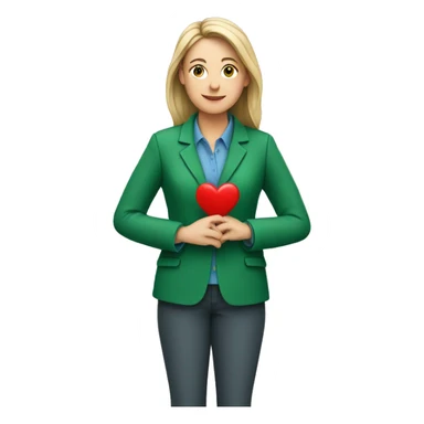 A European female teacher in a green jacket holds a heart in her hands sticker
