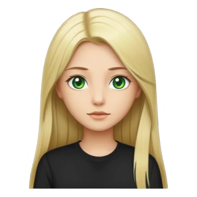 Long straight blonde hair with green eyes and black shirt sticker