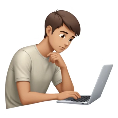 Emoji: A man with short brown hair, deep in thought while working on a laptop. He slightly leans forward, one hand on the keyboard, the other near his chin as if analyzing something important. Futuristic but minimalistic style. sticker