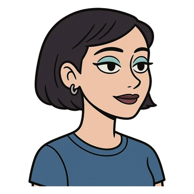 profile picture of a 22-year-old girl with short hair, cool tone makeup, blue shirt, flat toon style sticker