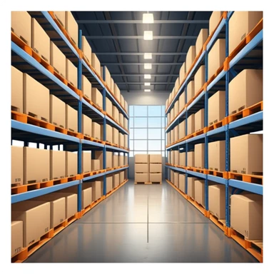 Modern warehouse interior 🏭 ultra-realistic 4K 📸 industrial shelves 📦 pallets stacked neatly 🏗️ soft lighting 💡 realistic shadows 🌑 sharp focus 🔎 cinematic depth 🎬 professional photography ✨ sticker