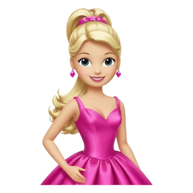 En klassisk blond modedukke med høj hestehale, iført en glamourøs hot pink aftenkjole, skinnende plastik-tekstur, smilende, ikonisk legetøjs-æstetik. sticker