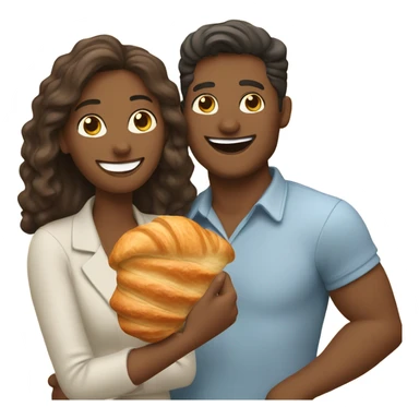 a happy woman and a man are friends and holding a croissant sticker