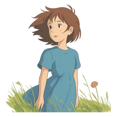 young girl with wind-blown hair standing in a field, ghibli style sticker