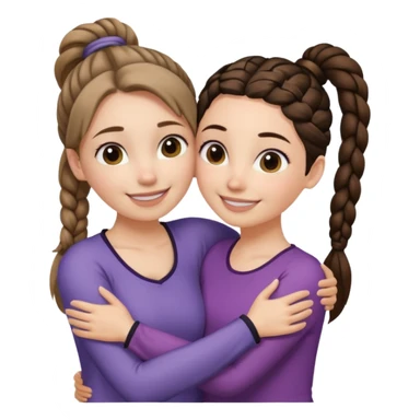 Comforting Hug two white skin women, one shorter woman with medium brown simple top ponytail, not braided, and one taller woman with a single long black side braid sticker