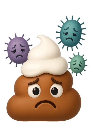 emoji stile iphone 3d di una cacca con muco bianco sopra, dietro cui fluttuano batteri intestinali tristi, iperrealistiche 4k sticker