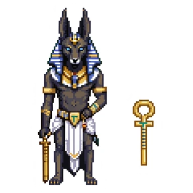 Egyptian god Anubis with black jackal head, gold collar, Egyptian headdress, holding ankh symbol sticker
