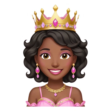 Crown dark black women smiling with really longer lightly WAVY hair pink dress pink crown facing forward black hair middle age adult woman gold gems in crown gold earrings  one woman smiling wink less body sticker