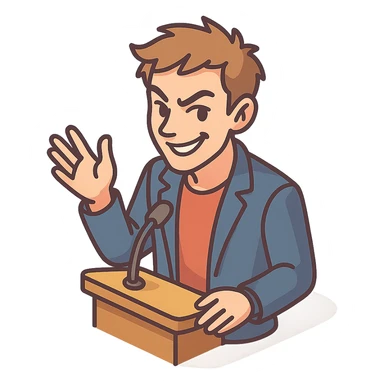 Lively and clever male debater, fair skin, short messy light brown hair, sharp eyes with a mischievous smile, wearing indigo blazer over a casual t-shirt, one hand raised mid-gesture, waist-up sticker