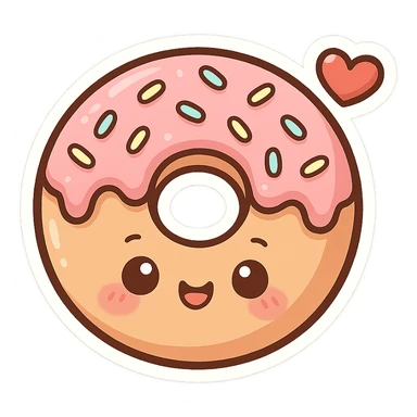 chibi sticker-style donut with a heart accent, cute and exaggerated sticker