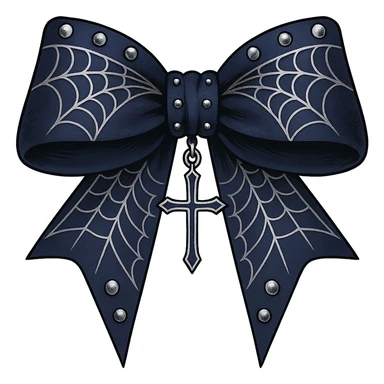 Edit the image to depict an oversized blue gothic bow with silver studs, spiderweb patterns, and a dangling cross. The background should be removed. Maintain a gothic style with bold silver and spiderweb details. sticker