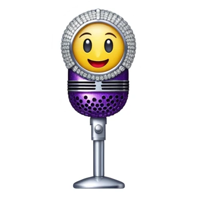 Create a glamorous and vibrant emoji representing stage vocal performance. The design should feature a humanless collage of classic vintage microphone, stage costume covered in rhinestones, sparkling brightly. The costume should be stylized, with glittering elements like sequins and sparkles, and reflect the glitzy, extravagant nature of show business. The microphone should have a sleek, retro look with chrome or metallic accents. Use rich, dazzling colors like gold, silver, deep purple, and bright red to evoke the glamorous, larger-than-life feel of a stage performance. The background should be transparent. sticker