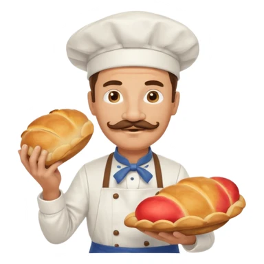 Middle aged male pastry chef - with a mustache, apron, white hat, holding bread sticker