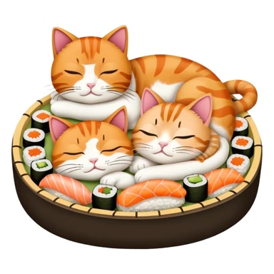 two cats sleeping in a bed made of sushi sticker