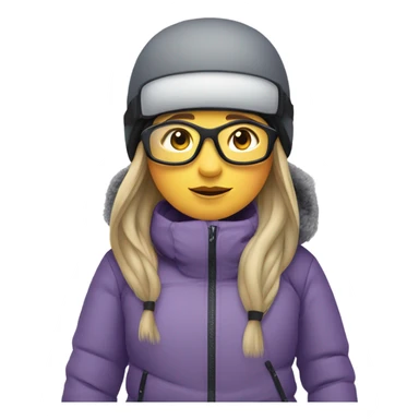 chubby female skier with long straight hair, glasses, grey purple snow jacket, black pants, black only snow boots and black skis. sticker