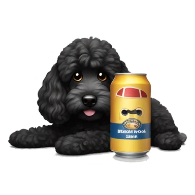 Black cockapoo lying down next to a can of beer sticker
