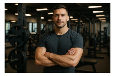 uomo sicuro di sè a braccia conserte, ben allenato e sereno, sullo sfondo una palestra sticker