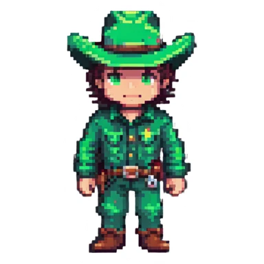 Pixel art cowboy with green outfit and green cowboy hat sticker